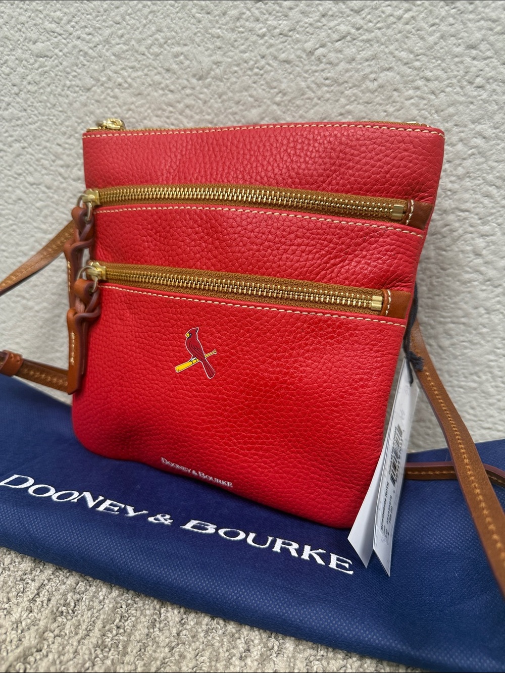 Dooney & Bourke St Louis Cardinals Red Pebble Leather Crossbody with Brown Strap